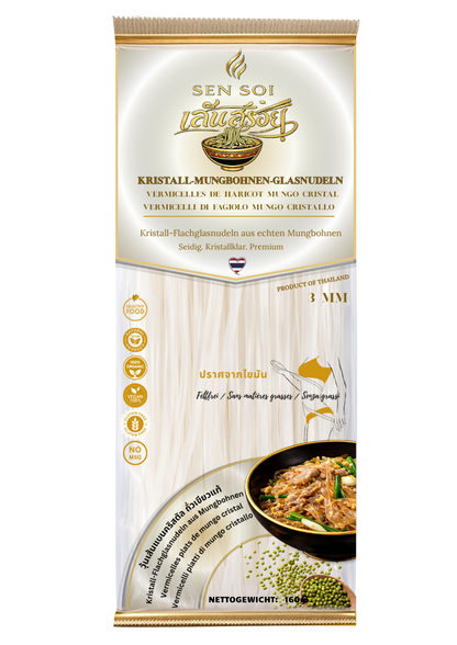 Crystal Noodles aus Mungbohnen Grösse 3 MM | 24 X 160 g|  Flach