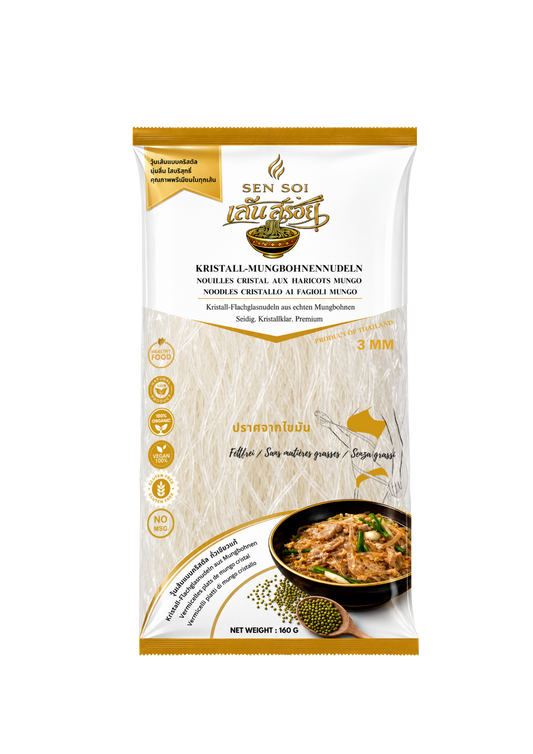 Crystal Noodles aus Mungbohnen Grösse 3 MM | Karton 24 X 160 g|  Flach
